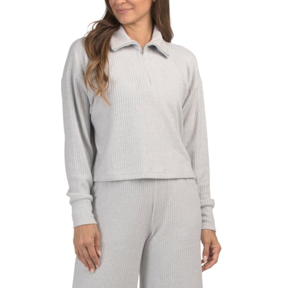 YOGALICIOUS Grey Rib Knit Brooklyn Rebel Quarter Mock Neck Zip Top - Picture 1 of 2